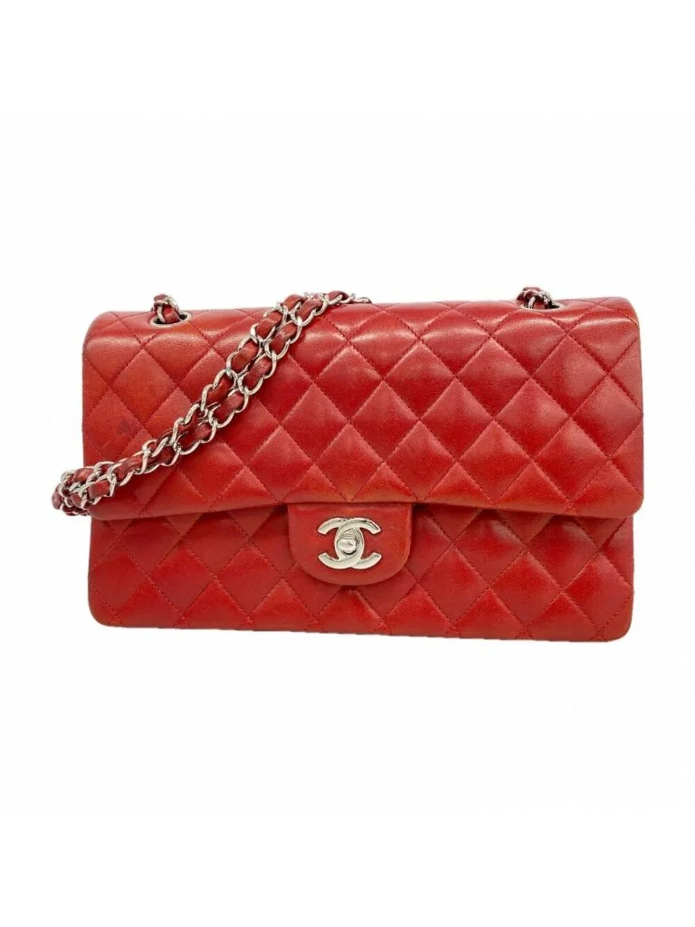 Chanel Shoulder Bag Quilted Lambskin Red Silver
